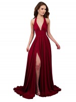 A-Line Halter Plunge V-Neckline Open Back Spandex Formal Dress UK with Slit