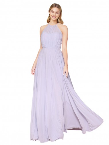 High Neck Halter Shirred Chiffon Formal Dress UK