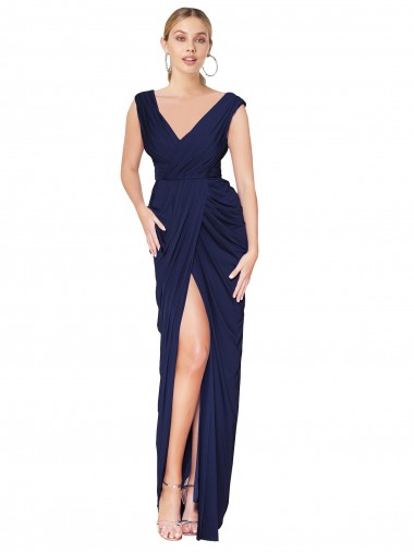 Draped V-Neck Long Chiffon Formal Dress with Front Slit UK