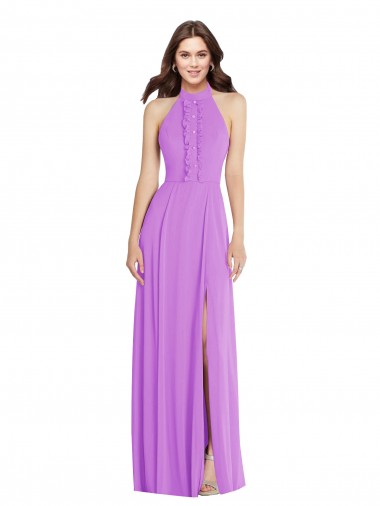 Halter Backless Maxi Formal Dress with Button Ruffle Placket UK