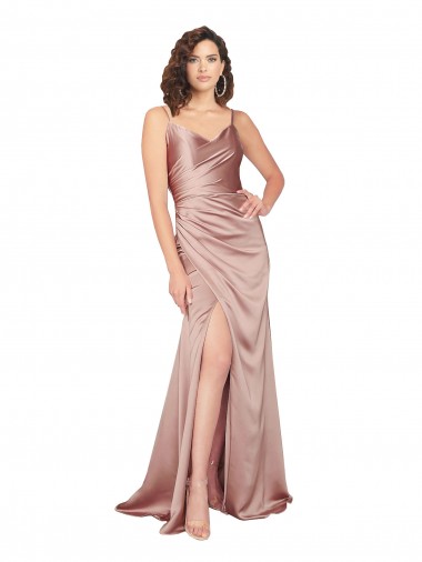 Floor Length Silky Satin Formal Dress with Front Skirt Slit UK