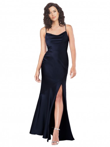 Draped Cowl Neck Silky Satin Formal Dress with Skirt Slit UK