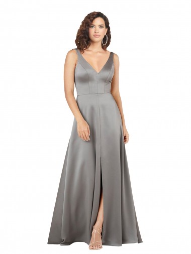 Plunging V-Neckline Long A-Line Silky Satin Formal Dress UK