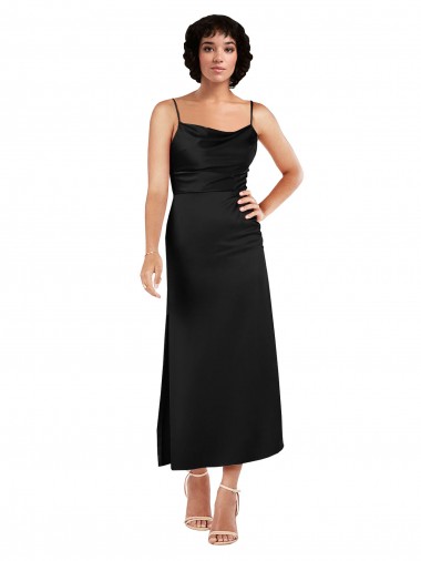 Cowl Neck Tea-Length Short Silky Satin Cocktail Formal Dress with Skirt Slit UK