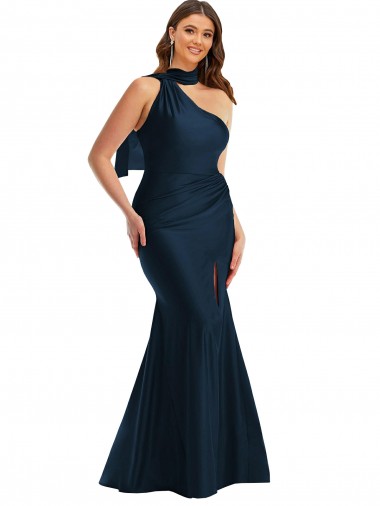 Scarf Neck One Shoulder Silky Satin Mermaid Formal Dress with Front Slit UK