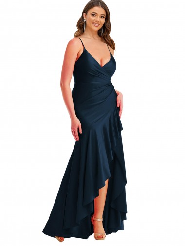 Pleated Wrap Ruffled High Low Silky Satin Formal Dress UK