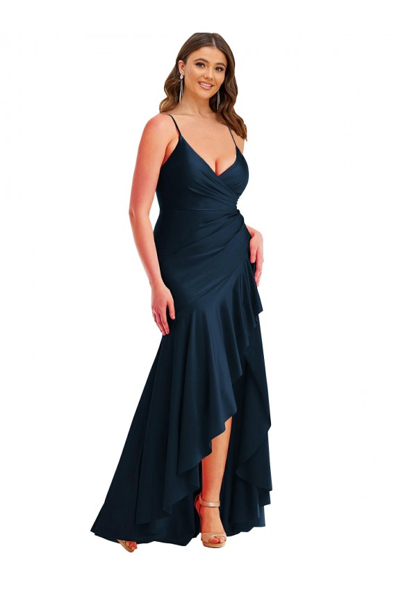 Pleated Wrap Ruffled High Low Silky Satin Formal Dress UK