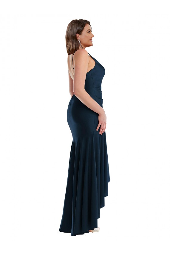 Pleated Wrap Ruffled High Low Silky Satin Formal Dress UK