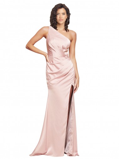 Full Length Ruched Silky Satin Formal Dress with Low Back and High Split UK