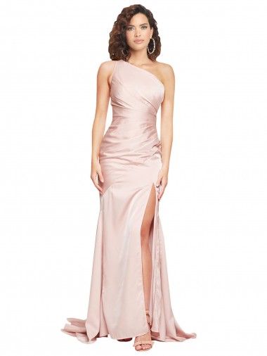 Full Length One Shoulder Long Silky Satin Formal Dress with High Split UK