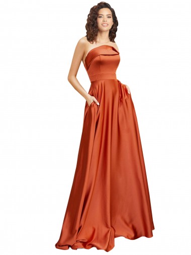 Strapless Sweep Train Silky Satin Formal Dress with Pleats UK