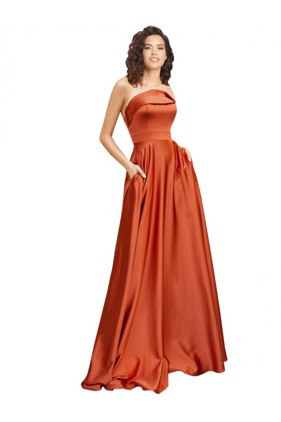 Strapless Sweep Train Silky Satin Formal Dress with Pleats UK