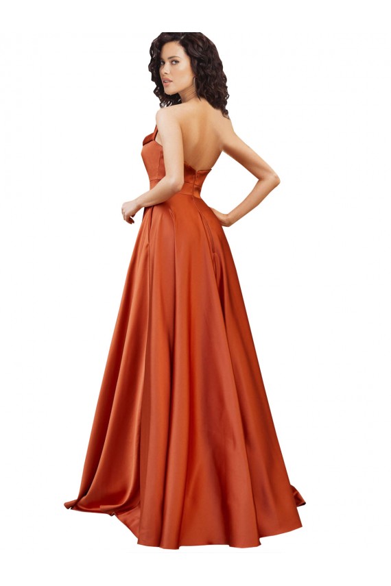 Strapless Sweep Train Silky Satin Formal Dress with Pleats UK