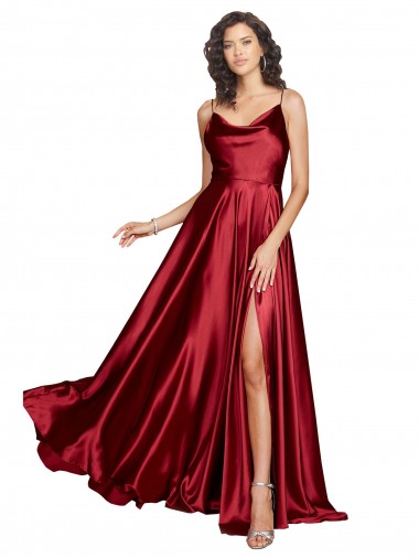 Cowl Neckline Long Silky Satin Formal Dress with Spaghetti Straps UK