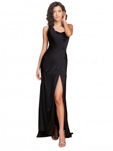 Full Length One Shoulder Ruffled Long Silky Satin Formal Dress with High Slit UK