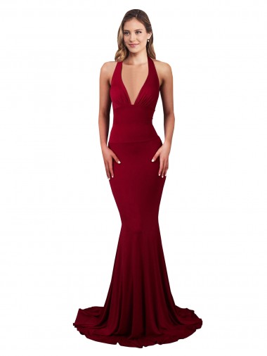 Halter Mermaid Plunge V-Neckline Open Back Bow Tie Spandex Formal Dress UK