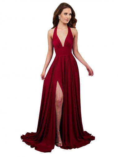 A-Line Halter Plunge V-Neckline Open Back Spandex Formal Dress with Slit UK