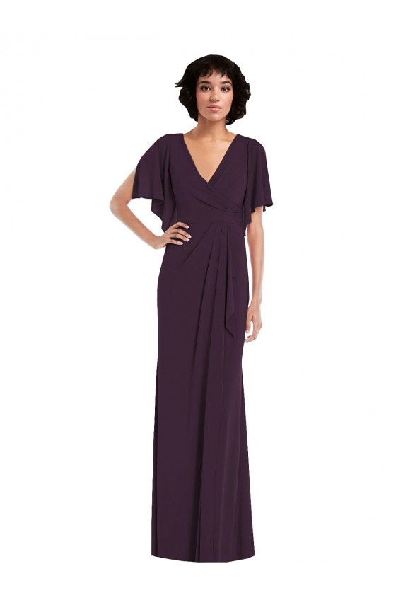 Faux Wrap Split Sleeves Maxi Spandex Formal Dress with Cascade Skirt UK