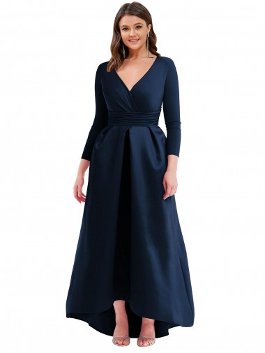 Long Sleeves Wrapped Spandex Formal Dress with High Low Full Skirt and Pockets UK