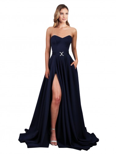 Sweetheart Neckline Low Back Long Crepe Formal Dress with High Leg Spit & Pockets UK