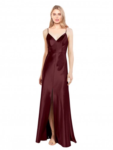 Sleek Spaghetti Straps V-Neck Stretch Satin Formal Dress with Center Front Slit UK