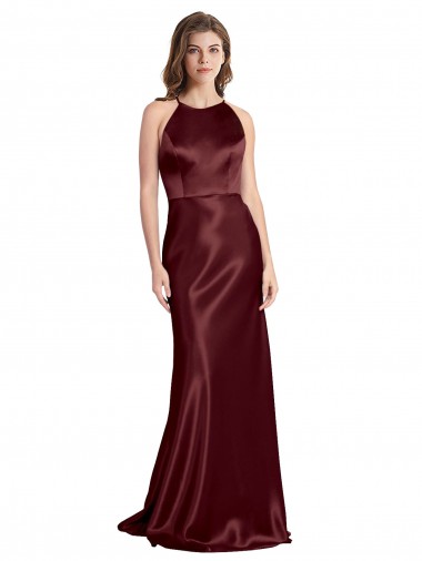 High Neck Halter Long Sleeveless Stretch Satin Formal Dress with Strappy Back UK