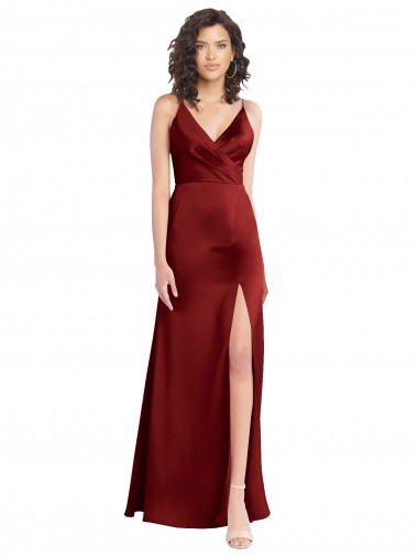 Faux Surplice Neckline Long Slim A-Line Stretch Satin Formal Dress UK