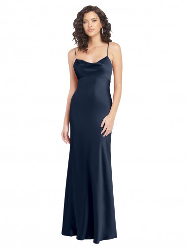 Cowl Neck Long Empire Waist Stretch Satin Formal Dress with Open Back UK