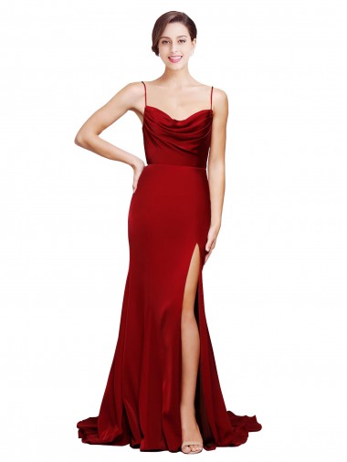 Cowl Front Neck Sweep Train Stretch Satin Formal Dress with High Side Split UK