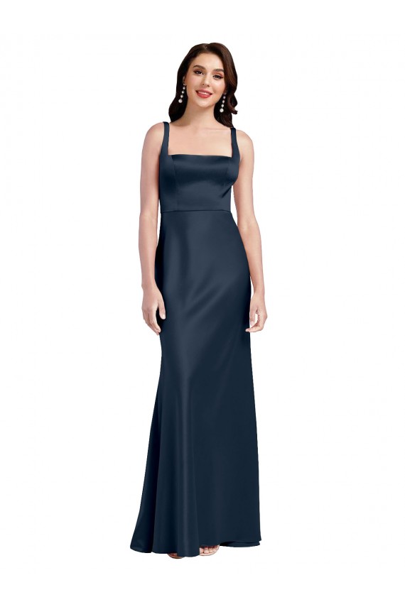 Square Neck A-Line Long Stretch Satin Formal Dress with Wide Straps UK