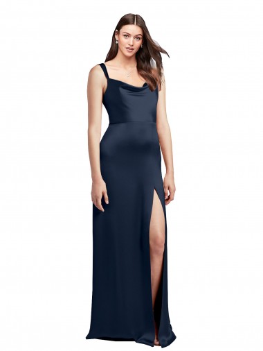 Cowl Neck Soft Long Stretch Satin Formal Dress with Side Slit and Pleated Straps UK