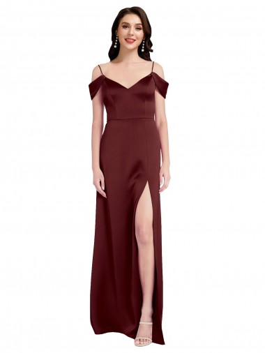 Draped Off the Shoulder Sleeves Slim A-Line Stretch Satin Formal Dress with Side Slit UK