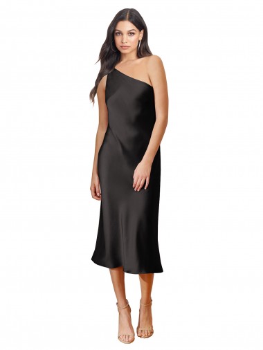 Sleek One Shoulder Midi Length Short Stretch Satin Slip Cocktail Formal Dress UK