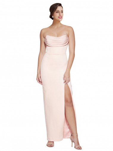 Cowl Neck Strapless Stretch Satin Formal Dress with High Split UK