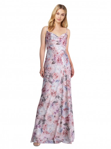 Draped Cowl Neck Long Printed Stretch Satin Formal Dress UK