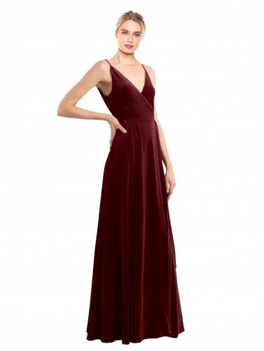 Faux Wrap V-Neck Sleek Long Velvet Formal Dress UK