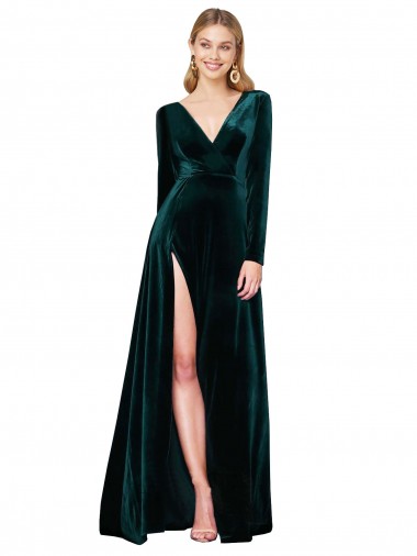 Deep V-Neck Long Sleeves Velvet Formal Dress with High Side Split UK