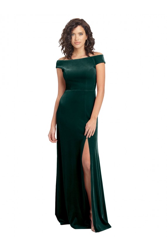 Floor Length Cap Sleeves Long Velvet Formal Dress with High Side Slit UK