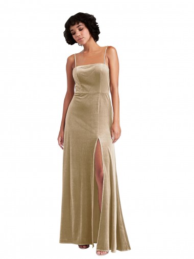 Square Neck Velvet Maxi Formal Dress with Front Slit & Pocket UK