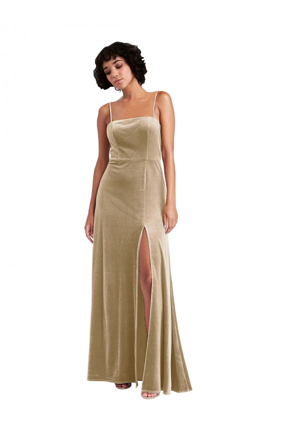 Square Neck Velvet Maxi Formal Dress with Front Slit & Pocket UK