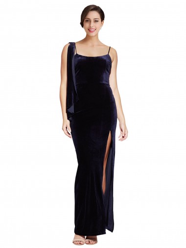 Long Velvet Formal Dress with Side Thigh Split and Shoulder Tie UK