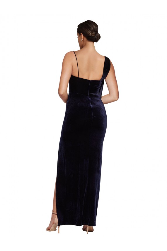 Long Velvet Formal Dress with Side Thigh Split and Shoulder Tie UK