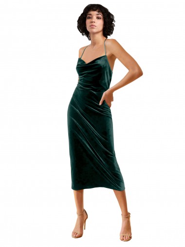 Midi Length Sleek Cowl Neckline Short Velvet Cocktail Formal Dress UK