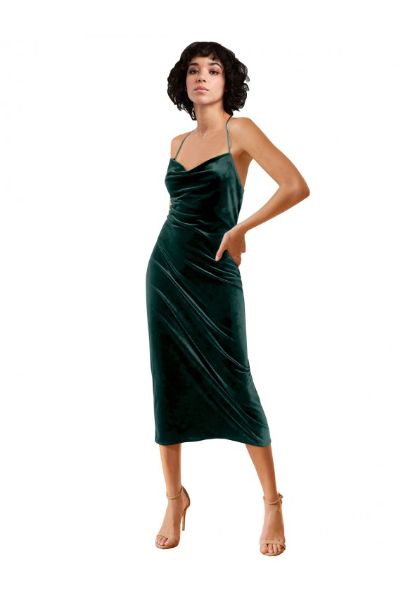 Midi Length Sleek Cowl Neckline Short Velvet Cocktail Formal Dress UK