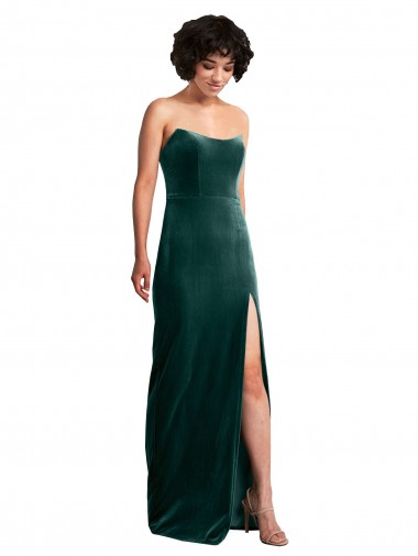 Scooped Strapless Long Velvet Formal Dress with Daring Side Slit UK